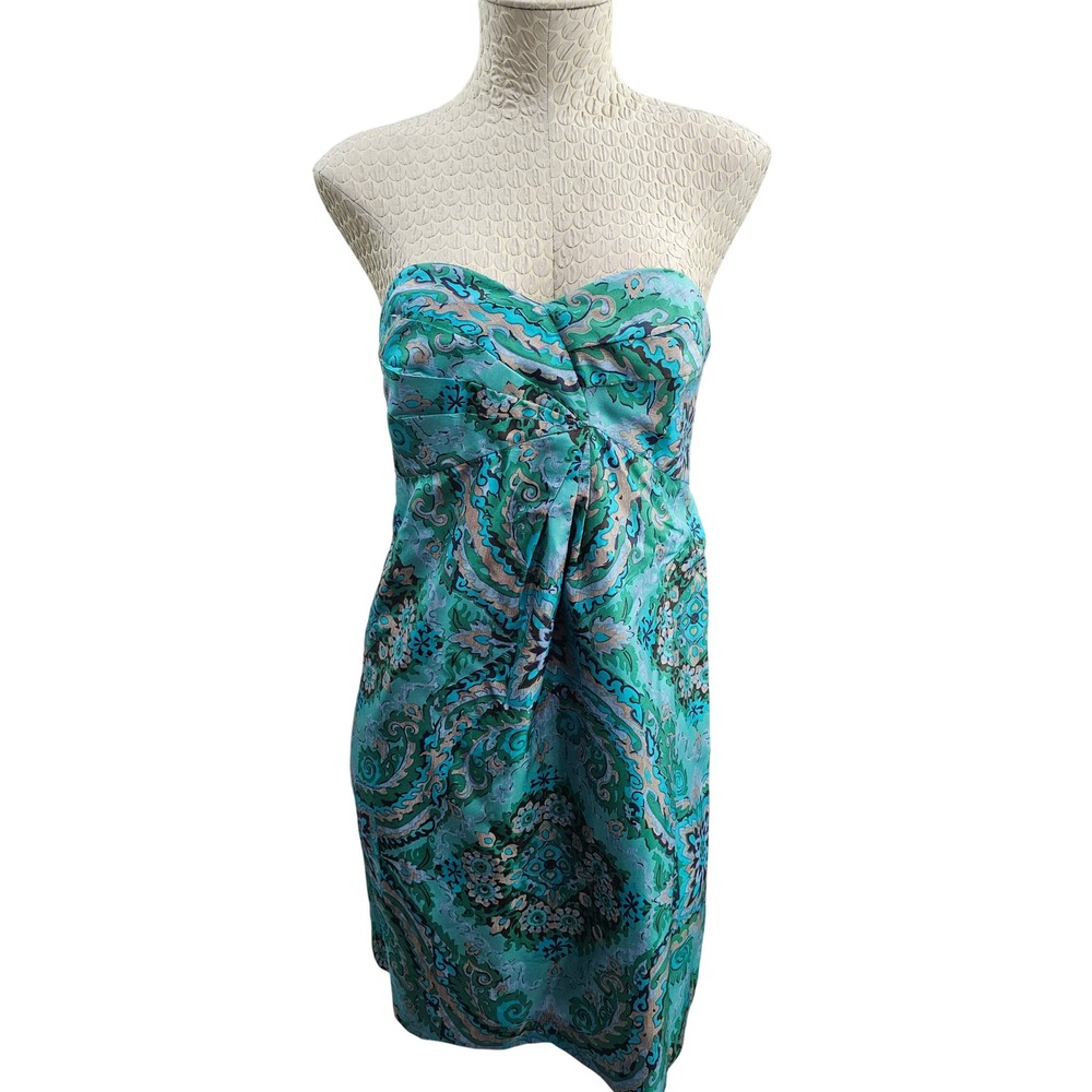 J.Crew Paisley Silk Strapless Dress Womens 10 Teal Green Blue Floral Sweetheart
